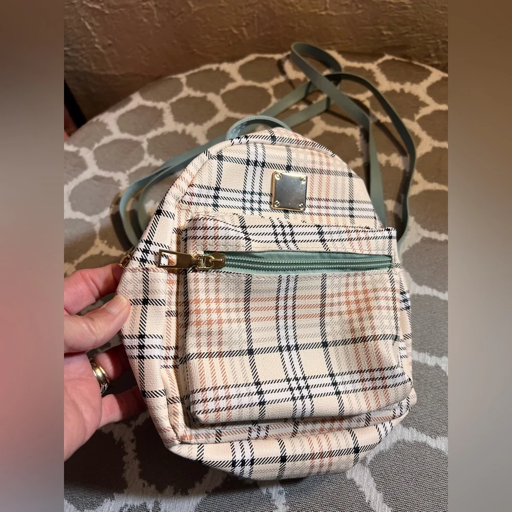 Plaid Mini Backpack with Blue Straps